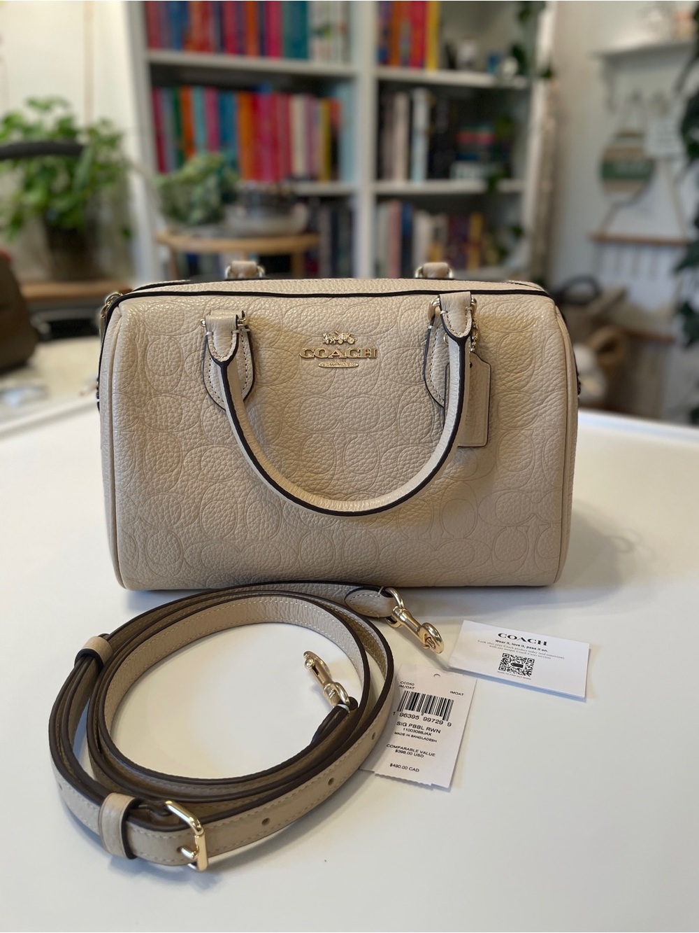 COACH Rowan Satchel pebbled Signature Leather Satchel in color Oat. 
NEW